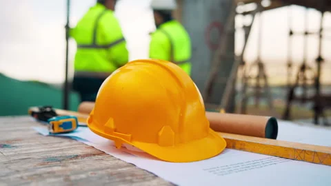 Engineering, tools and helmet on construction site with safety protocol, team Stock Footage 336195179
