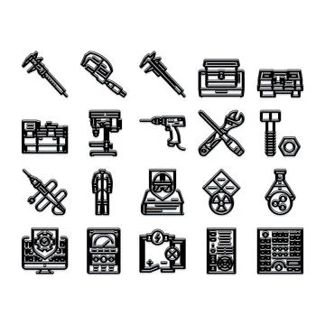 Engineering tools and industrial manufacturing equipment icons Stock Illustration