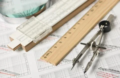 Engineering tools on technical drawing 스톡 사진