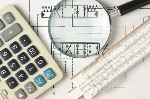 Engineering tools on technical drawing Stock Photos