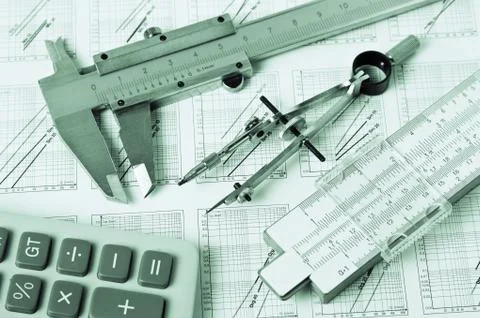Engineering tools on technical drawing 스톡 사진