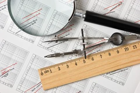 Engineering tools on technical drawing 스톡 사진