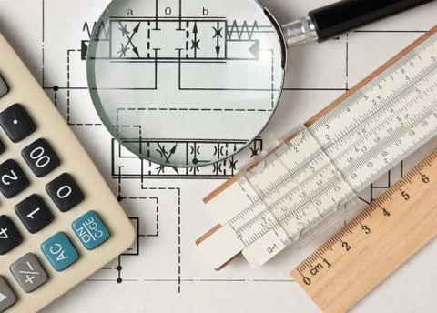 Engineering tools on technical drawing Foto stock