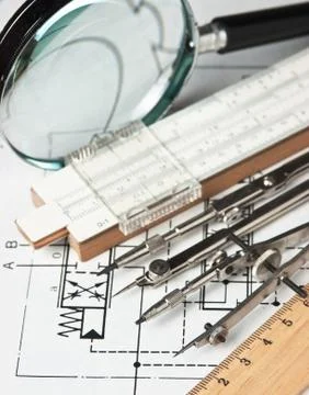 Engineering tools on technical drawing 스톡 사진