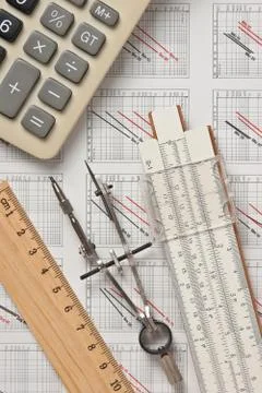Engineering tools on technical drawing 스톡 사진