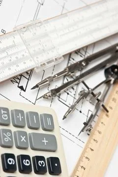 Engineering tools on technical drawing 스톡 사진