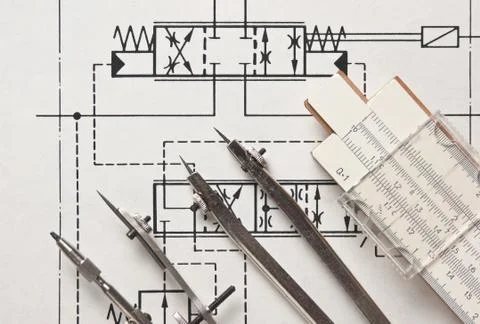Engineering tools on technical drawing Stock Photos