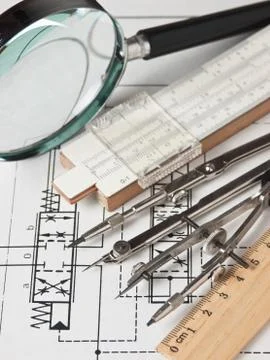 Engineering tools on technical drawing Foto stock
