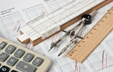 Engineering tools on technical drawing 스톡 사진