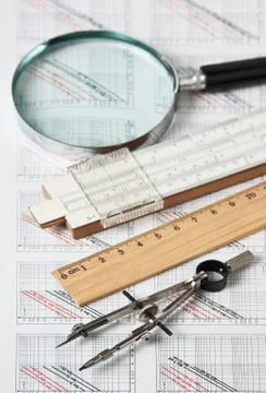 Engineering tools on technical drawing Foto stock