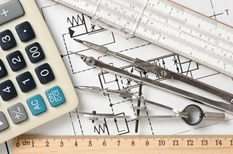 Engineering tools on technical drawing Foto stock