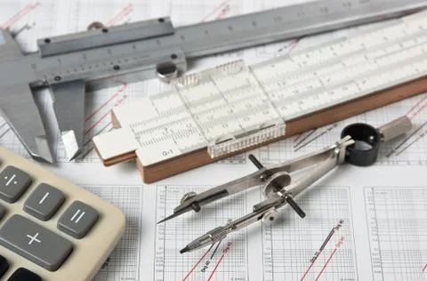 Engineering tools on technical drawing Foto stock