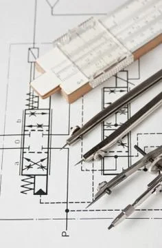 Engineering tools on technical drawing Foto stock