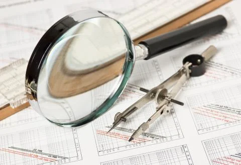 Engineering tools on technical drawing 스톡 사진
