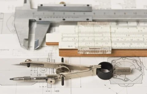 Engineering tools on technical drawing 스톡 사진