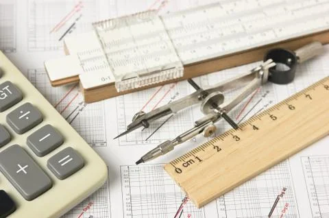 Engineering tools on technical drawing Foto stock