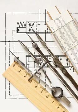 Engineering tools on technical drawing 스톡 사진
