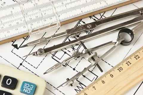 Engineering tools on technical drawing Foto stock