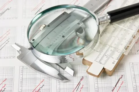 Engineering tools on technical drawing 스톡 사진