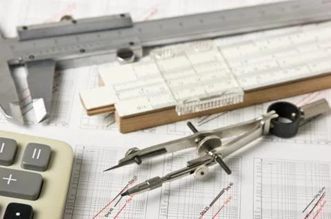 Engineering tools on technical drawing 스톡 사진