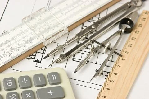 Engineering tools on technical drawing 스톡 사진