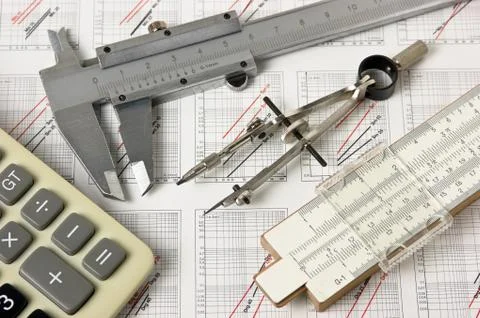 Engineering tools on technical drawing 스톡 사진