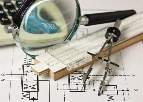 Engineering tools on technical drawing 스톡 사진