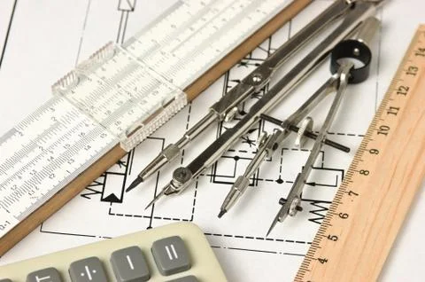 Engineering tools on technical drawing Foto stock