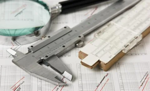 Engineering tools on technical drawing 스톡 사진