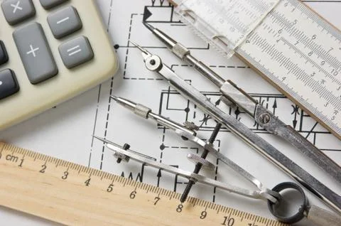 Engineering tools on technical drawing 스톡 사진