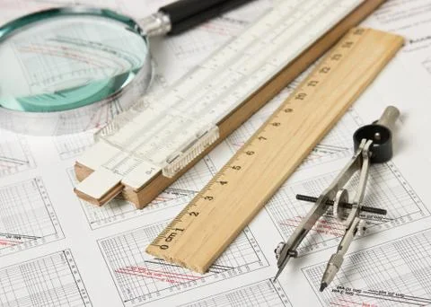 Engineering tools on technical drawing 스톡 사진