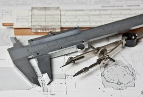 Engineering tools on technical drawing Foto stock