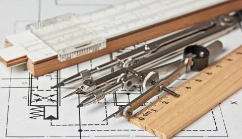 Engineering tools on technical drawing 스톡 사진