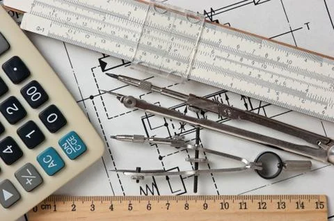 Engineering tools on technical drawing Stock-Fotos