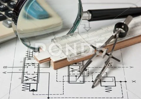 Engineering tools on technical drawing 写真素材