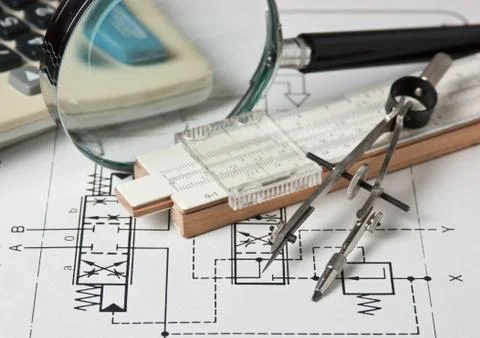 Engineering tools on technical drawing 스톡 사진