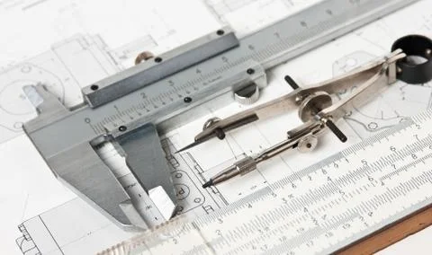 Engineering tools on technical drawing 스톡 사진