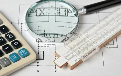 Engineering tools on technical drawing 스톡 사진