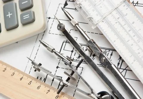 Engineering tools on technical drawing 스톡 사진