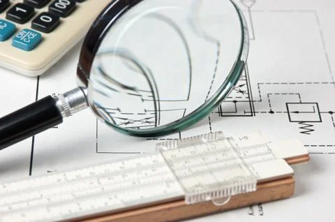 Engineering tools on technical drawing 스톡 사진