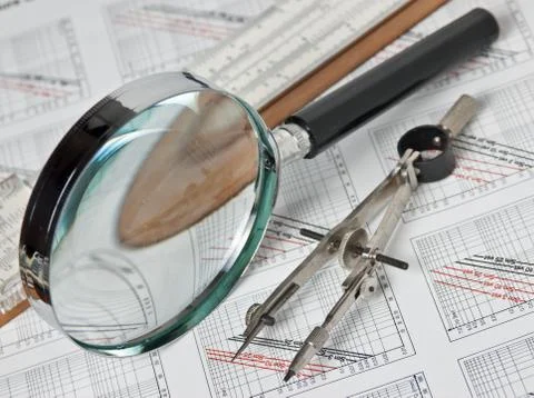 Engineering tools on technical drawing Foto stock