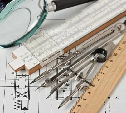 Engineering tools on technical drawing Foto stock