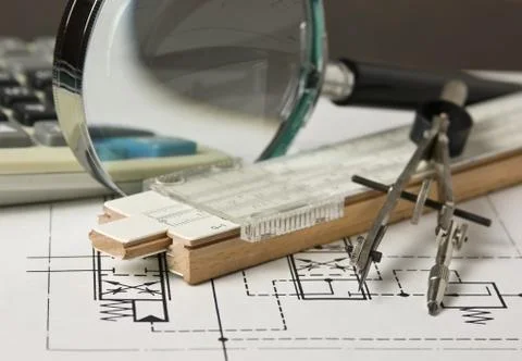 Engineering tools on technical drawing Foto stock