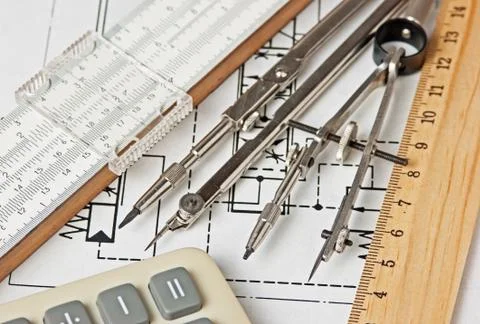 Engineering tools on technical drawing Foto stock