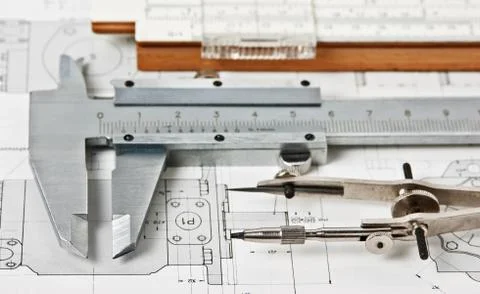 Engineering tools on technical drawing Foto stock