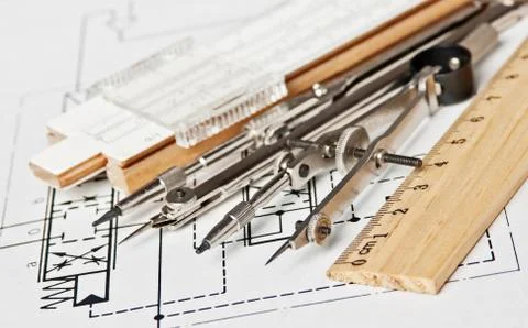 Engineering tools on technical drawing Foto stock