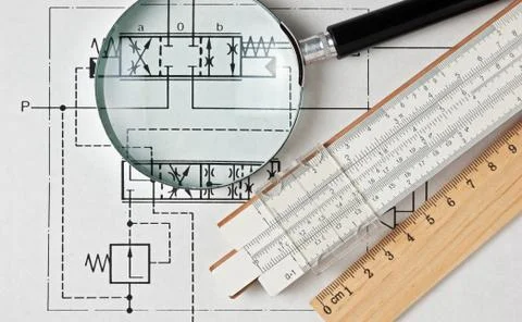 Engineering tools on technical drawing Foto stock