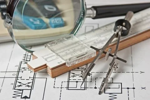 Engineering tools on technical drawing Foto stock