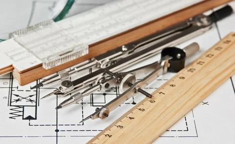 Engineering tools on technical drawing Foto stock
