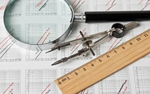 Engineering tools on technical drawing Foto stock
